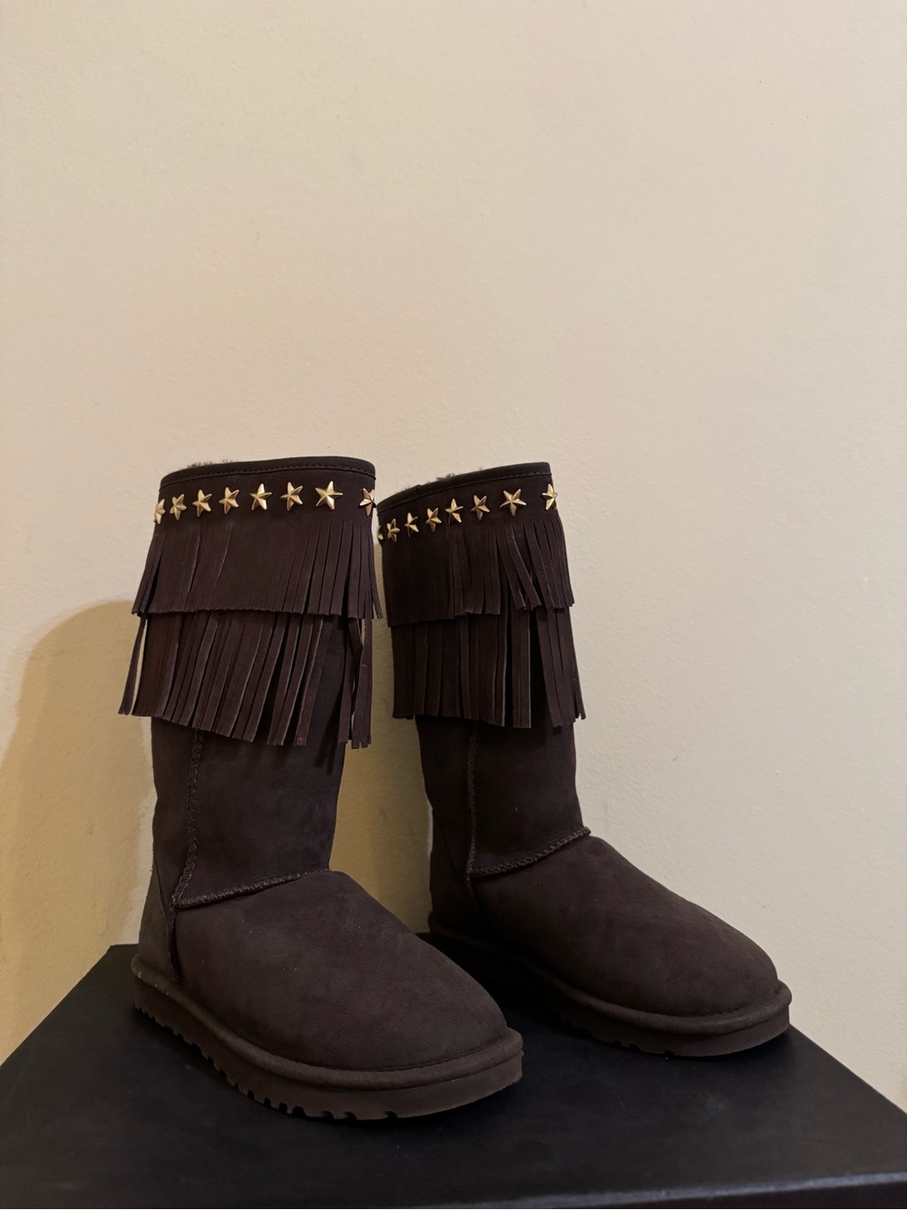 Ugg x Jimmy Choo Boots Sora Studded Fringe Suede Chocolate US 5